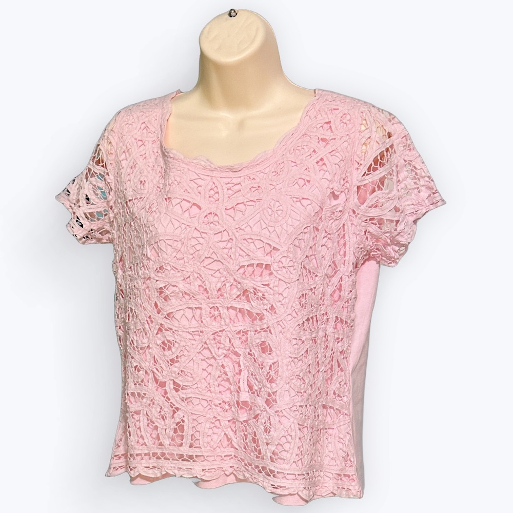 Romantic Feminine Soft Girl Modest Dreamy Coquette Pink Battenburg Lace Top ~ PM